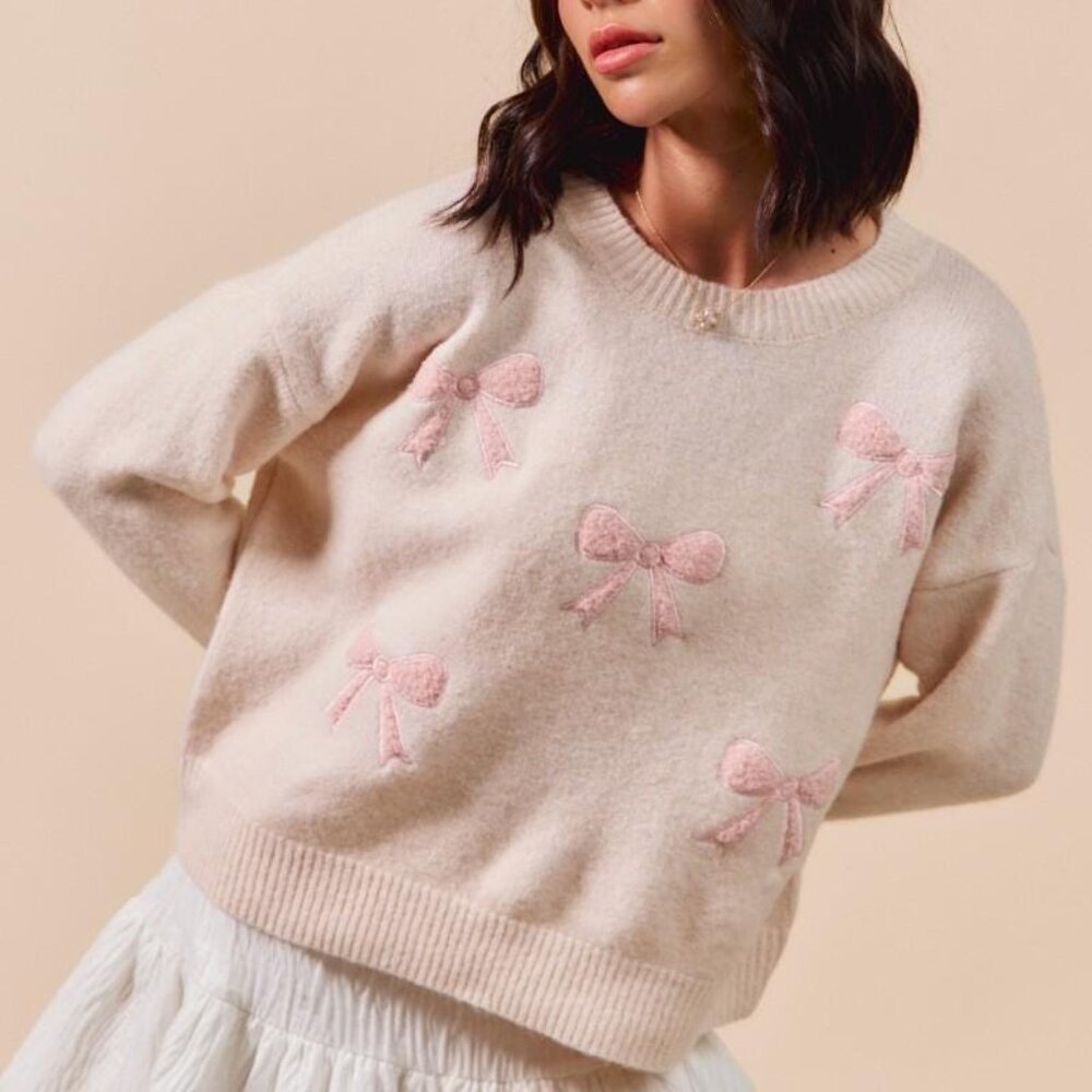 SO ME Pink Bow Embroidery Patch Sweater